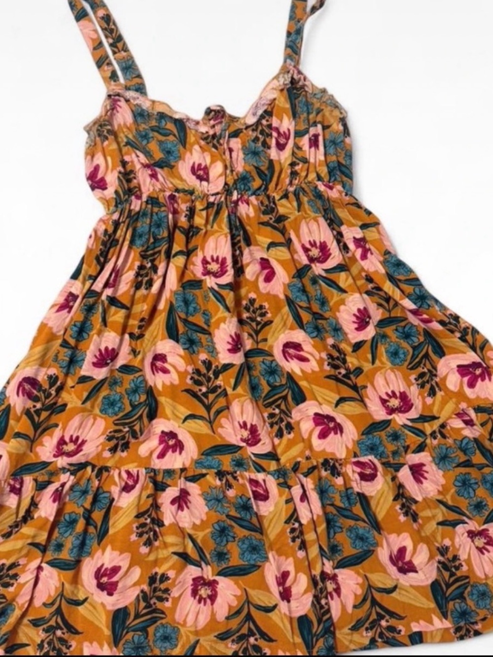 NATURAL LIFE Mustard Floral Mini Dress with Pink and Teal Accents